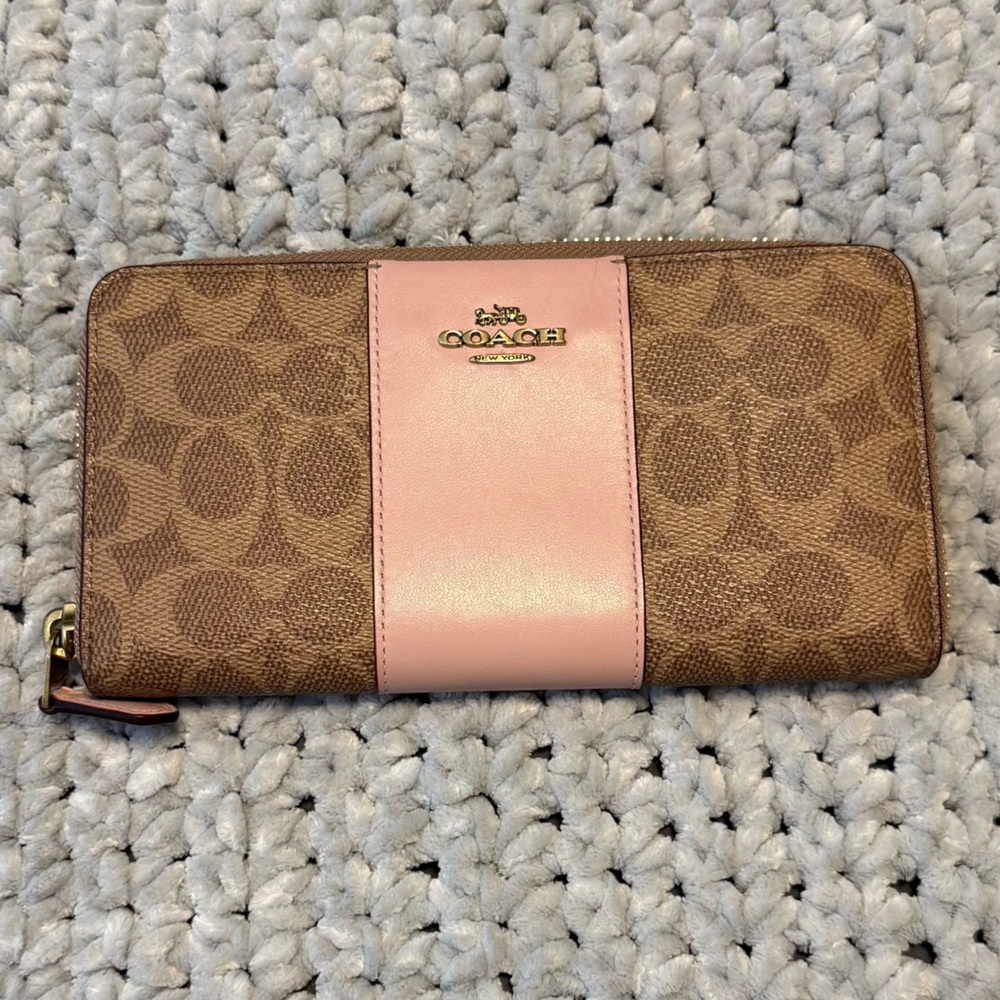 Coach Signature Brown and Pink Zip Wallet